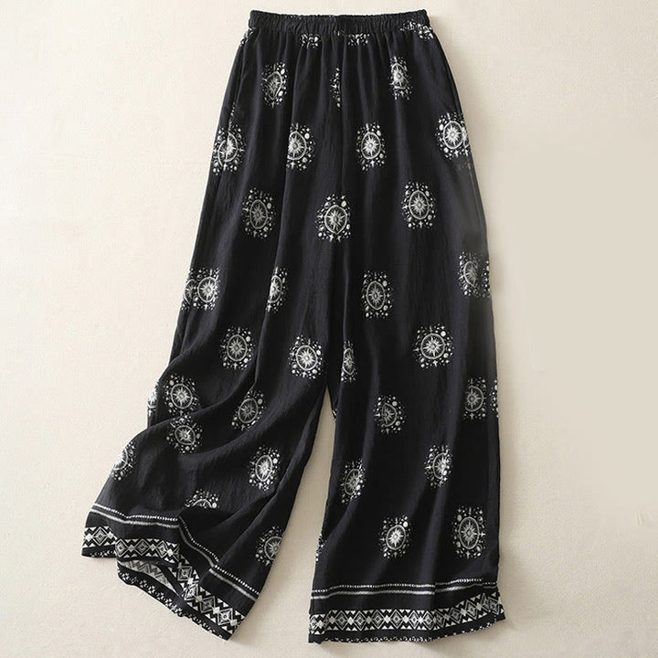 Damskie spodnie bawełniane z szerokimi nogawkami i kieszeniami, z nadrukiem w Buddha Stones w stylu boho, z niebiańskim wzorem - Czarny - US8-10，UK/AU12-14，EU40-42 (2XL) - image 0