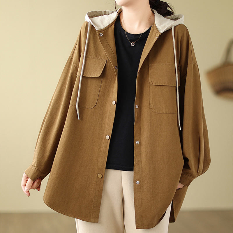 Bluza z kapturem Buddha Stones Casual Commute z ściągaczem, damska, bawełniana, lniana, z kieszeniami - image 10