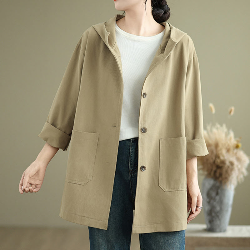 Bluza z kapturem damska z bawełny i lnu z kieszeniami z przodu "Buddha Stones Fall Vintage" - image 7