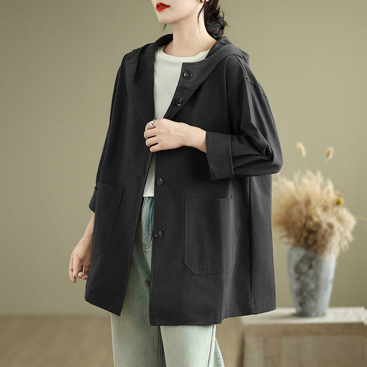 Bluza z kapturem damska z bawełny i lnu z kieszeniami z przodu "Buddha Stones Fall Vintage" - Czarny - US6, UK/AU10, EU38 (XL) - image 16