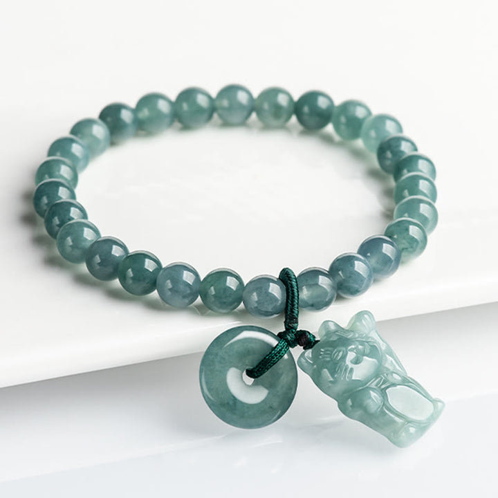 Bransoletka z Buddha Stones jadeitem i klamrą pokoju, z kotem na szczęście i dobrobytem - Jadeit (obwód nadgarstka: 14-16 cm) - image 1