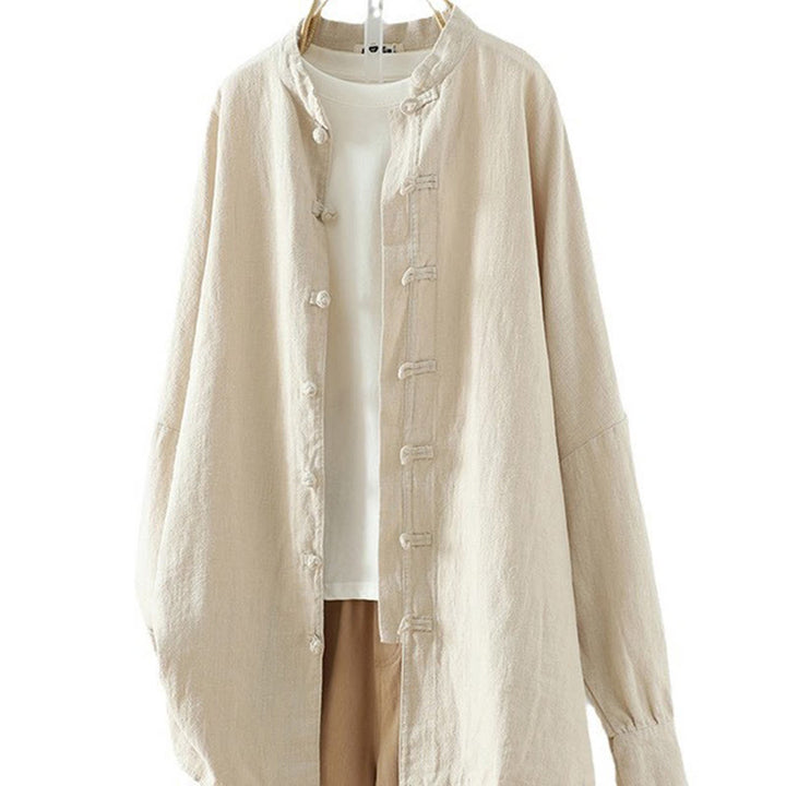 Koszula damska z bawełny i lnu w jednolitym kolorze z prostym chińskim wzorem żaby i guzikami " Buddha Stones " - image 11