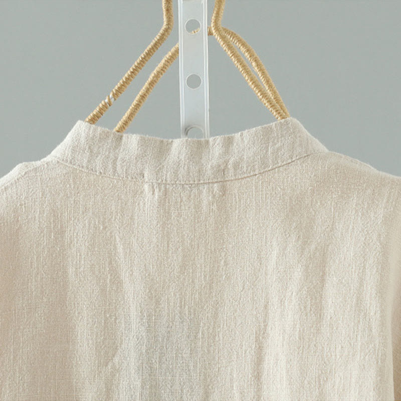 Koszula damska z bawełny i lnu w jednolitym kolorze z prostym chińskim wzorem żaby i guzikami " Buddha Stones " - image 4