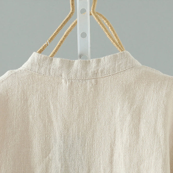 Koszula damska z bawełny i lnu w jednolitym kolorze z prostym chińskim wzorem żaby i guzikami " Buddha Stones " - image 4