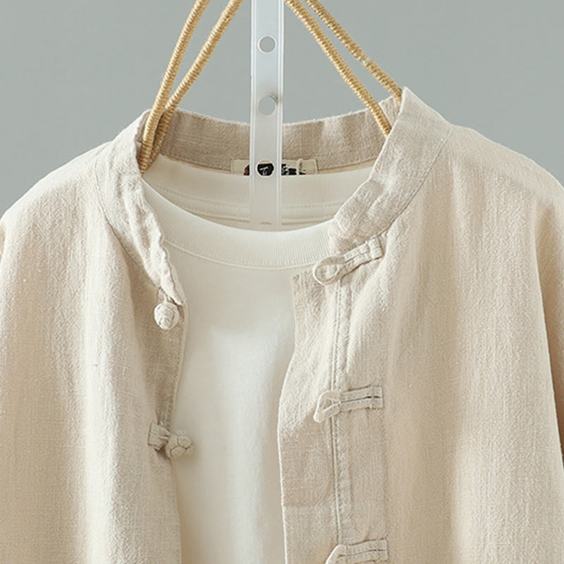 Koszula damska z bawełny i lnu w jednolitym kolorze z prostym chińskim wzorem żaby i guzikami " Buddha Stones " - image 3