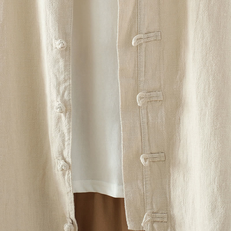 Koszula damska z bawełny i lnu w jednolitym kolorze z prostym chińskim wzorem żaby i guzikami " Buddha Stones " - image 5