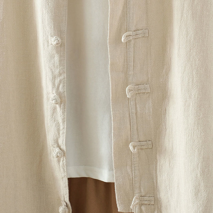 Koszula damska z bawełny i lnu w jednolitym kolorze z prostym chińskim wzorem żaby i guzikami " Buddha Stones " - image 5