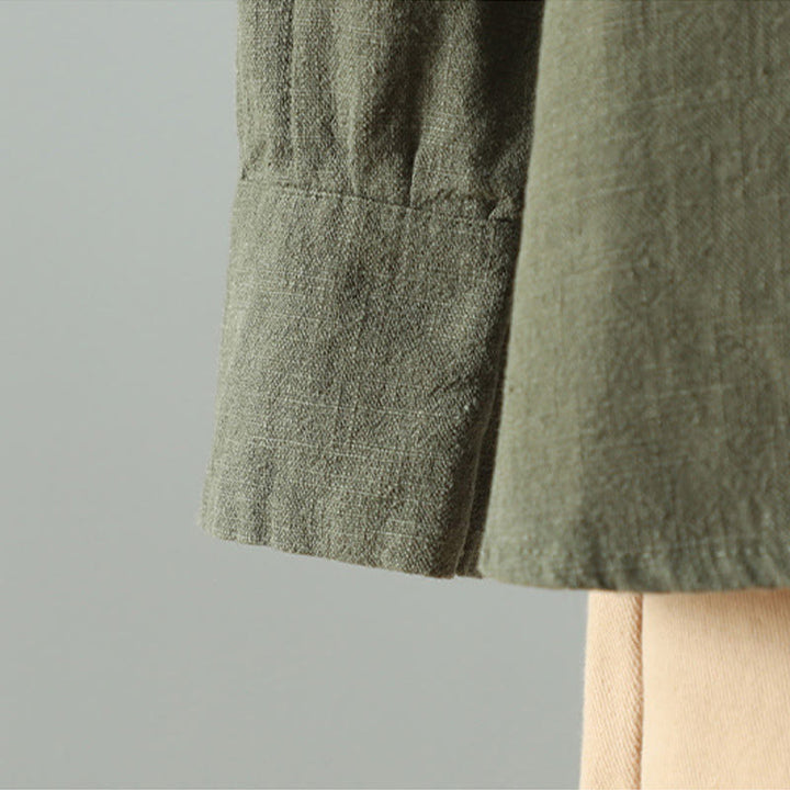 Koszula damska z bawełny i lnu w jednolitym kolorze z prostym chińskim wzorem żaby i guzikami " Buddha Stones " - image 15