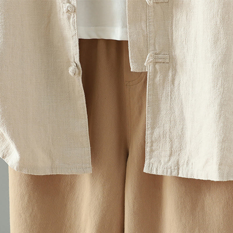 Koszula damska z bawełny i lnu w jednolitym kolorze z prostym chińskim wzorem żaby i guzikami " Buddha Stones " - image 9