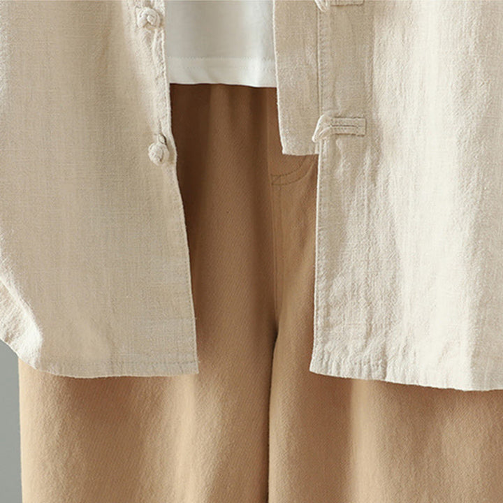 Koszula damska z bawełny i lnu w jednolitym kolorze z prostym chińskim wzorem żaby i guzikami " Buddha Stones " - image 9