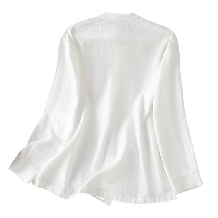 Koszula damska z bawełny i lnu z motywem Buddha Stones w jednolitym kolorze i prostym rozcięciem u dołu - image 21