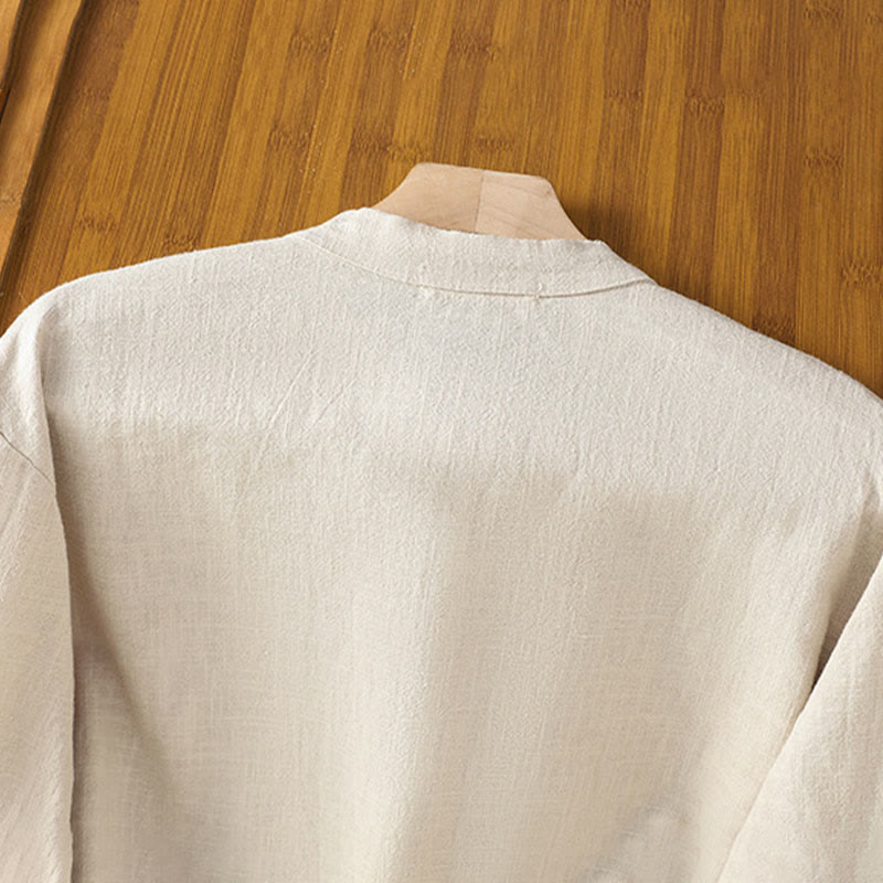 Koszula damska z bawełny i lnu z motywem Buddha Stones w jednolitym kolorze i prostym rozcięciem u dołu - image 4