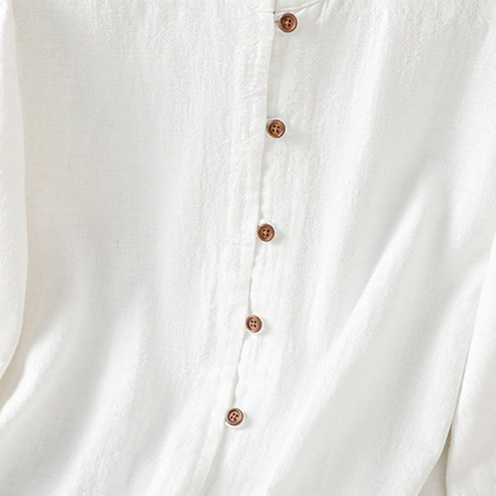 Koszula damska z bawełny i lnu z motywem Buddha Stones w jednolitym kolorze i prostym rozcięciem u dołu - image 15