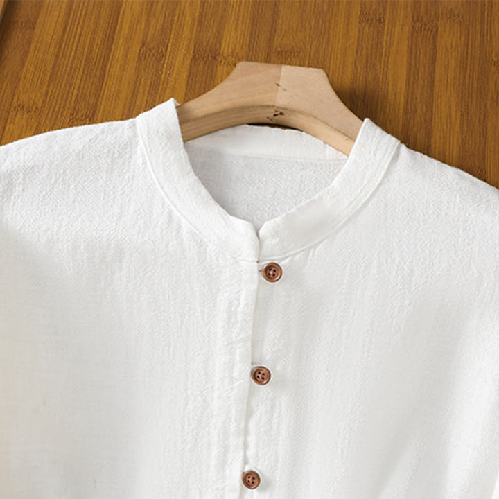 Koszula damska z bawełny i lnu z motywem Buddha Stones w jednolitym kolorze i prostym rozcięciem u dołu - image 12