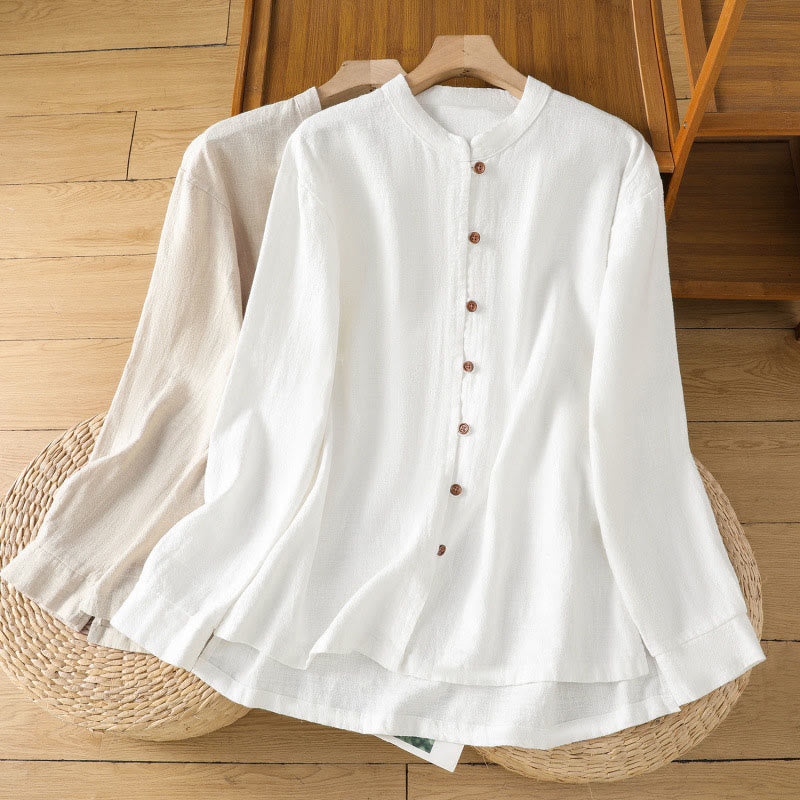 Koszula damska z bawełny i lnu z motywem Buddha Stones w jednolitym kolorze i prostym rozcięciem u dołu - image 22