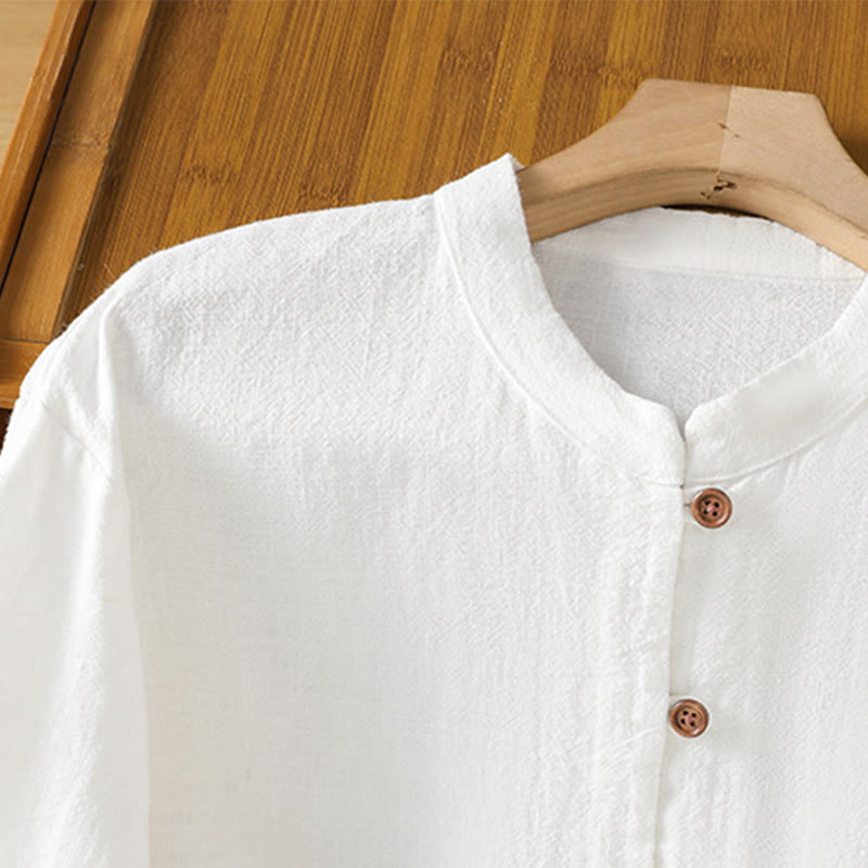 Koszula damska z bawełny i lnu z motywem Buddha Stones w jednolitym kolorze i prostym rozcięciem u dołu - image 13