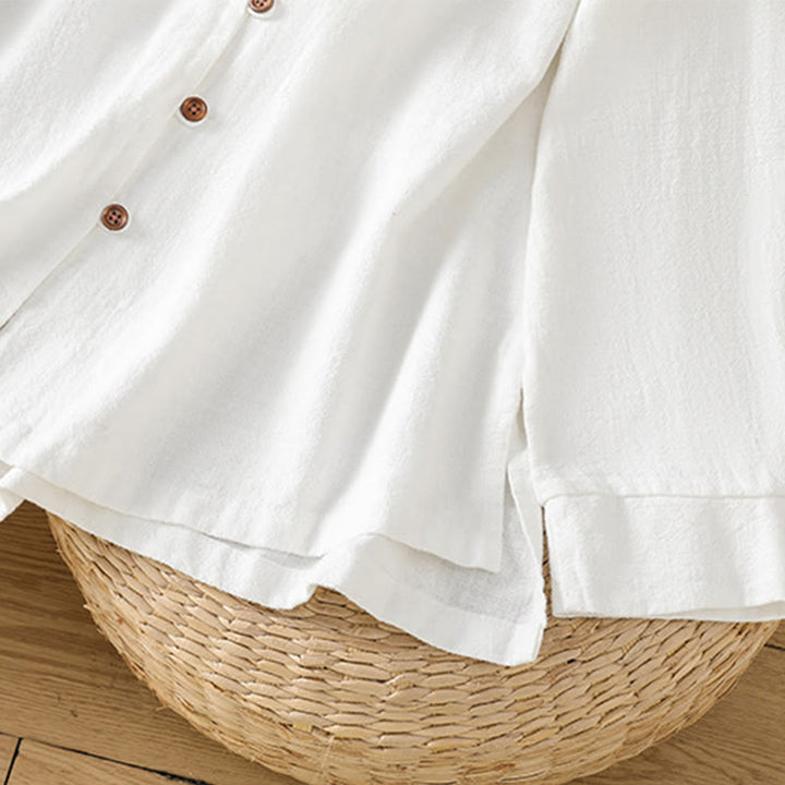 Koszula damska z bawełny i lnu z motywem Buddha Stones w jednolitym kolorze i prostym rozcięciem u dołu - image 19