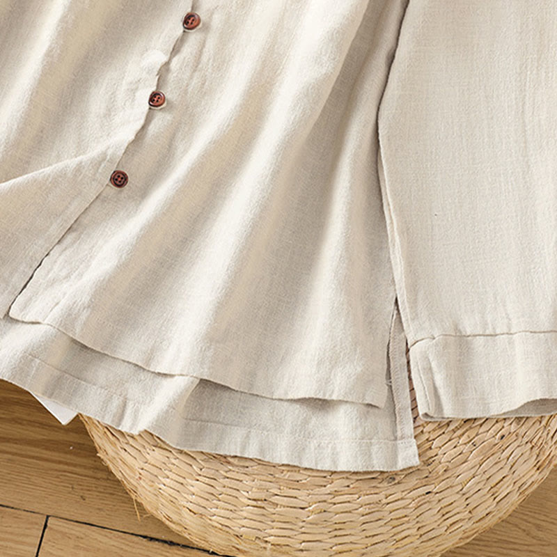 Koszula damska z bawełny i lnu z motywem Buddha Stones w jednolitym kolorze i prostym rozcięciem u dołu - image 8