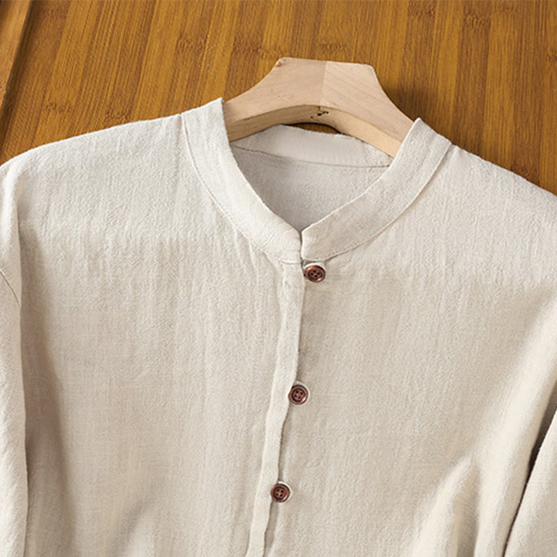 Koszula damska z bawełny i lnu z motywem Buddha Stones w jednolitym kolorze i prostym rozcięciem u dołu - image 3