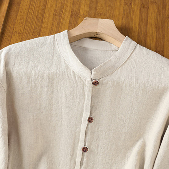 Koszula damska z bawełny i lnu z motywem Buddha Stones w jednolitym kolorze i prostym rozcięciem u dołu - image 3