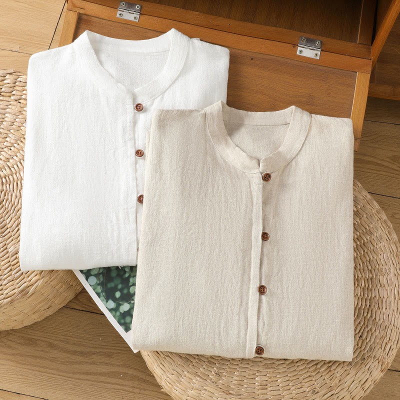 Koszula damska z bawełny i lnu z motywem Buddha Stones w jednolitym kolorze i prostym rozcięciem u dołu - image 23