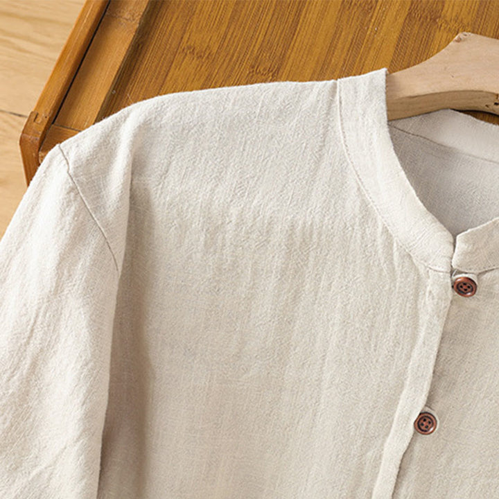 Koszula damska z bawełny i lnu z motywem Buddha Stones w jednolitym kolorze i prostym rozcięciem u dołu - image 6