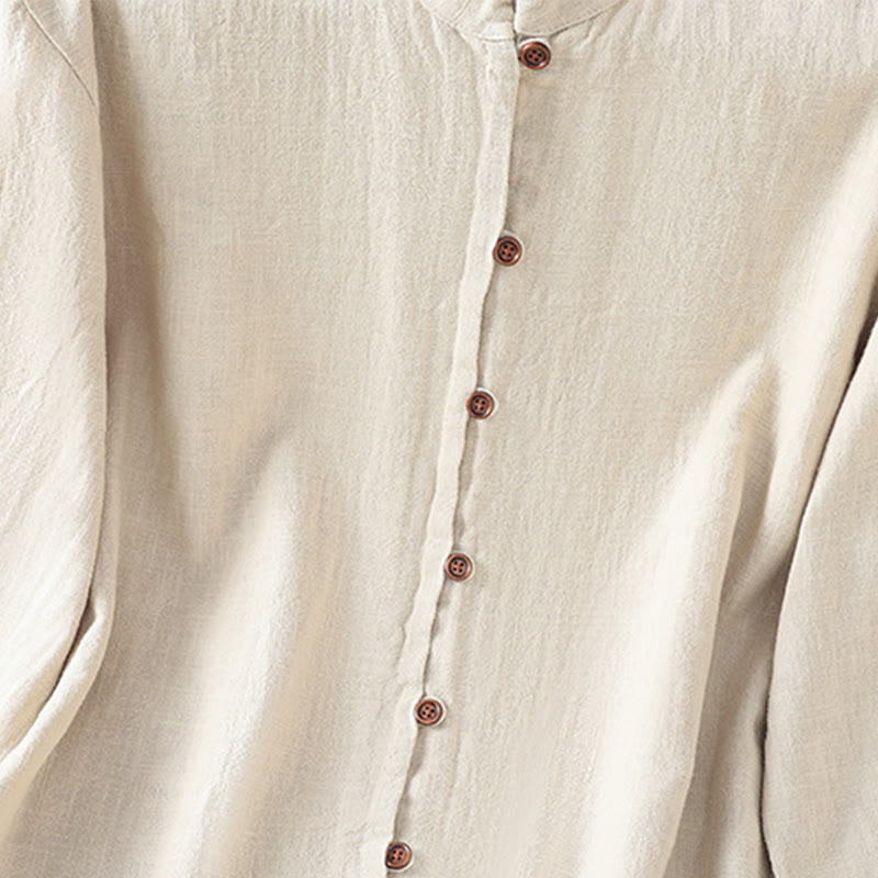 Koszula damska z bawełny i lnu z motywem Buddha Stones w jednolitym kolorze i prostym rozcięciem u dołu - image 5