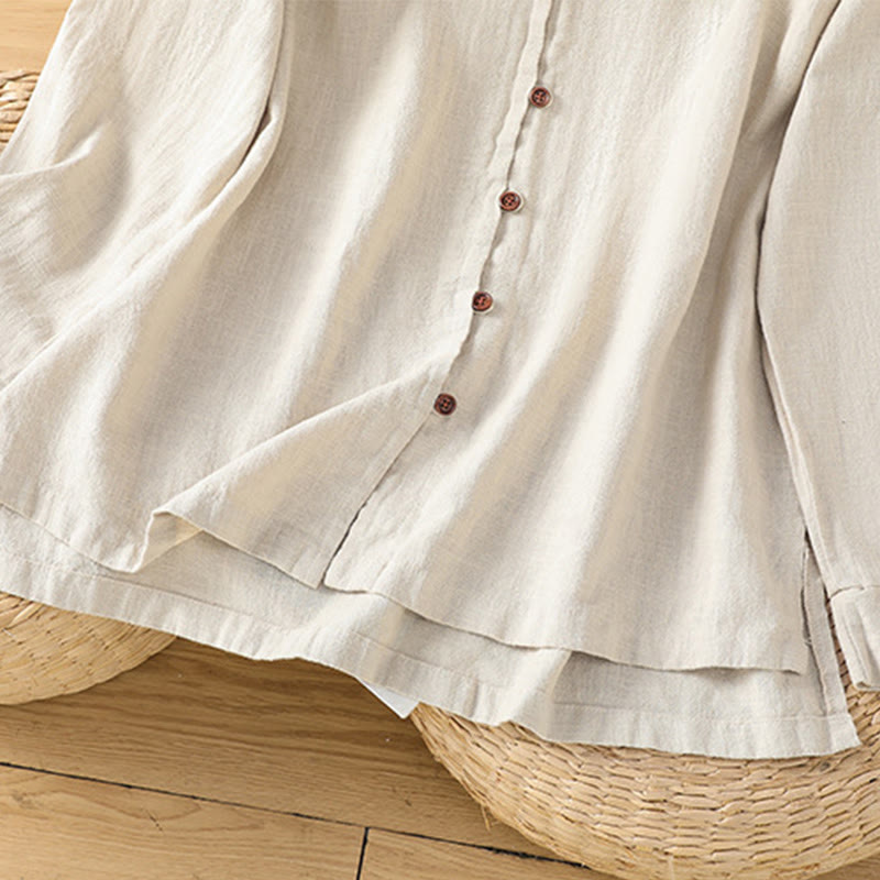 Koszula damska z bawełny i lnu z motywem Buddha Stones w jednolitym kolorze i prostym rozcięciem u dołu - image 7