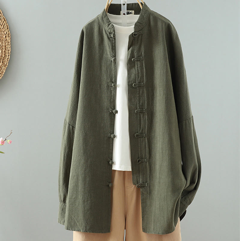 Koszula damska z bawełny i lnu w jednolitym kolorze z prostym chińskim wzorem żaby i guzikami " Buddha Stones " - DarkOliveGreen - US14, UK/AU18, EU46 (2XL) - image 12