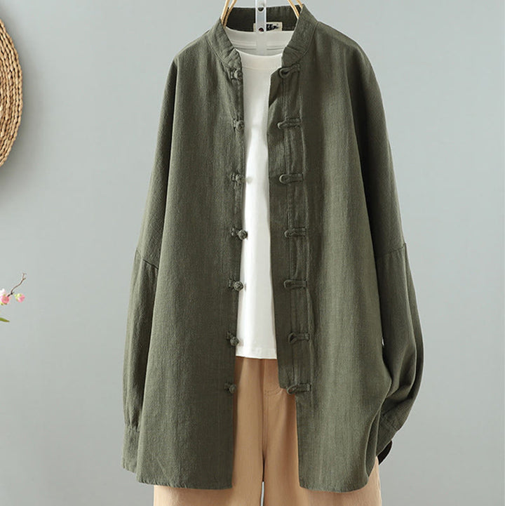 Koszula damska z bawełny i lnu w jednolitym kolorze z prostym chińskim wzorem żaby i guzikami " Buddha Stones " - DarkOliveGreen - US14, UK/AU18, EU46 (2XL) - image 12