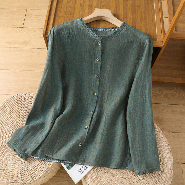 Koszula damska z falbaną i okrągłym dekoltem w kwiaty z motywem Buddha Stones, wiosenna, z guzikami w jednolitym kolorze - SeaGreen - US14, UK/AU18, EU46 (2XL) - image 0