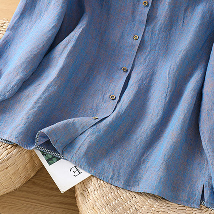 Koszula damska z bawełny i lnu z falbanką i okrągłym dekoltem, z motywem Buddha Stones , w jednolitym kolorze i guzikami - image 19