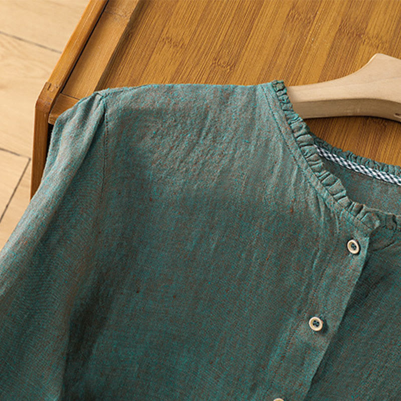 Koszula damska z bawełny i lnu z falbanką i okrągłym dekoltem, z motywem Buddha Stones , w jednolitym kolorze i guzikami - image 3