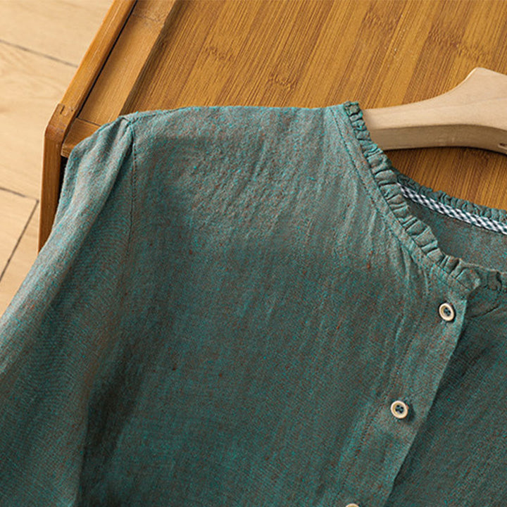 Koszula damska z bawełny i lnu z falbanką i okrągłym dekoltem, z motywem Buddha Stones , w jednolitym kolorze i guzikami - image 3