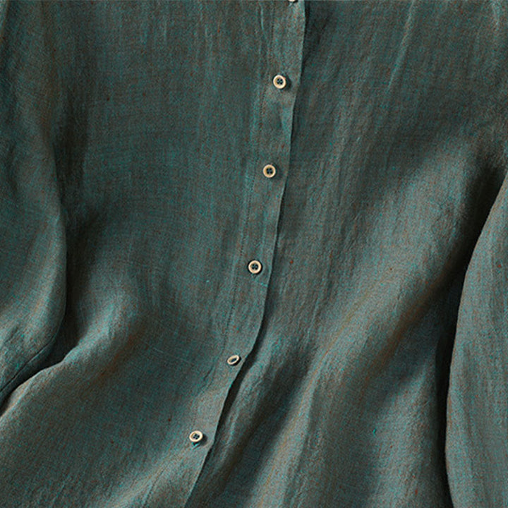 Koszula damska z bawełny i lnu z falbanką i okrągłym dekoltem, z motywem Buddha Stones , w jednolitym kolorze i guzikami - image 4