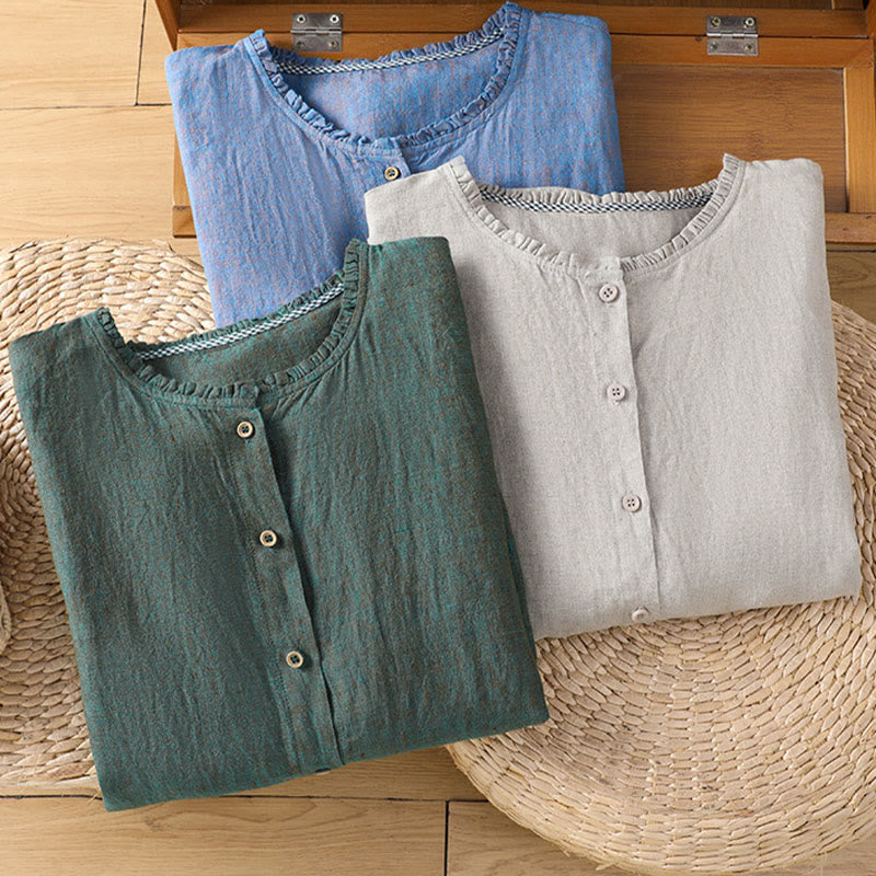 Koszula damska z bawełny i lnu z falbanką i okrągłym dekoltem, z motywem Buddha Stones , w jednolitym kolorze i guzikami - image 21