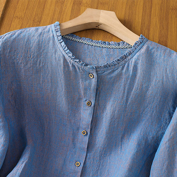 Koszula damska z bawełny i lnu z falbanką i okrągłym dekoltem, z motywem Buddha Stones , w jednolitym kolorze i guzikami - image 18