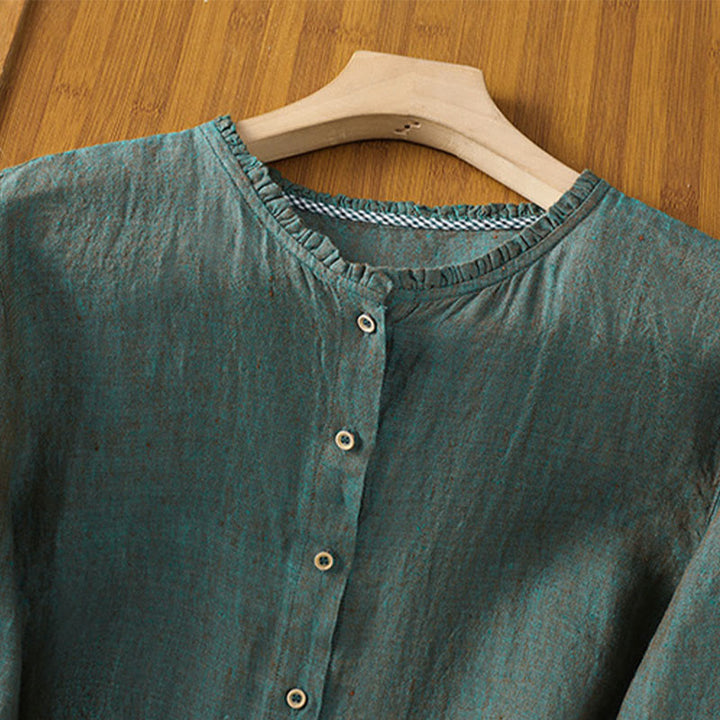 Koszula damska z bawełny i lnu z falbanką i okrągłym dekoltem, z motywem Buddha Stones , w jednolitym kolorze i guzikami - image 2