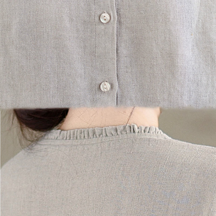 Koszula damska z bawełny i lnu z falbanką i okrągłym dekoltem, z motywem Buddha Stones , w jednolitym kolorze i guzikami - image 15