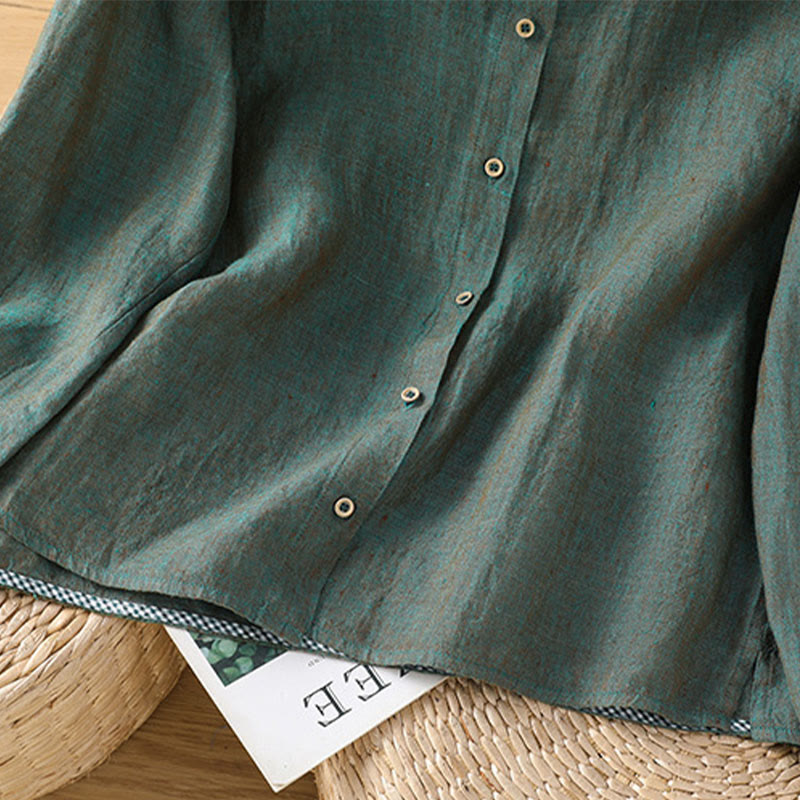 Koszula damska z bawełny i lnu z falbanką i okrągłym dekoltem, z motywem Buddha Stones , w jednolitym kolorze i guzikami - image 5