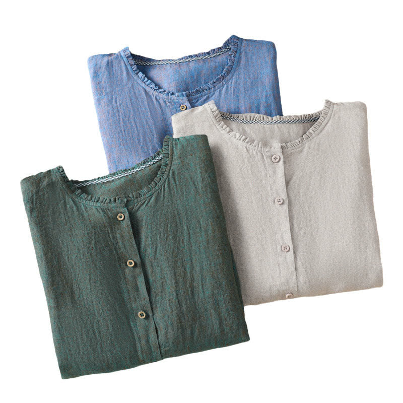 Koszula damska z bawełny i lnu z falbanką i okrągłym dekoltem, z motywem Buddha Stones , w jednolitym kolorze i guzikami - image 22