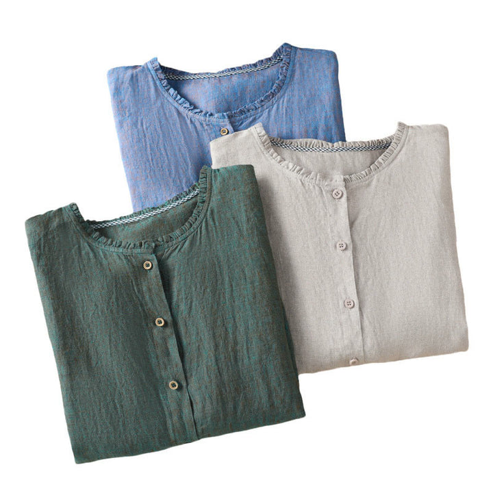 Koszula damska z bawełny i lnu z falbanką i okrągłym dekoltem, z motywem Buddha Stones , w jednolitym kolorze i guzikami - image 22