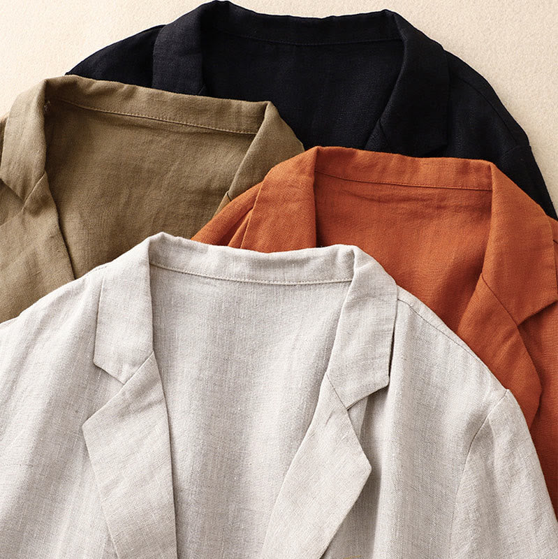 Kurtka damska Buddha Stones Commute Retro Pure Color z klapami z bawełny i lnu z kieszeniami - image 18