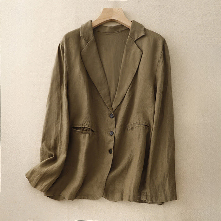 Kurtka damska Buddha Stones Commute Retro Pure Color z klapami z bawełny i lnu z kieszeniami - DarkGoldenrod - US14, UK/AU18, EU46 (2XL) - image 1