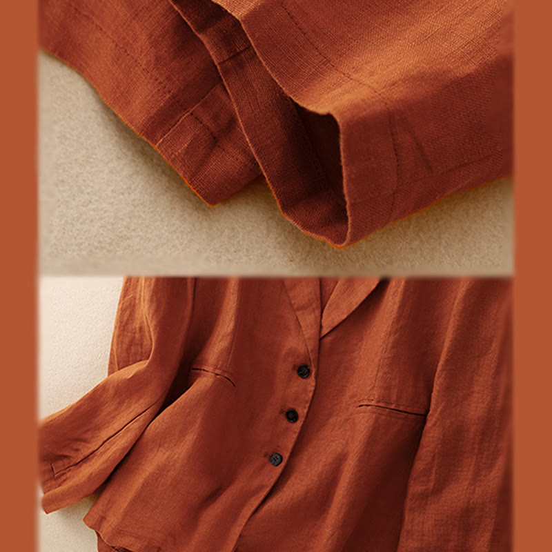 Kurtka damska Buddha Stones Commute Retro Pure Color z klapami z bawełny i lnu z kieszeniami - image 16