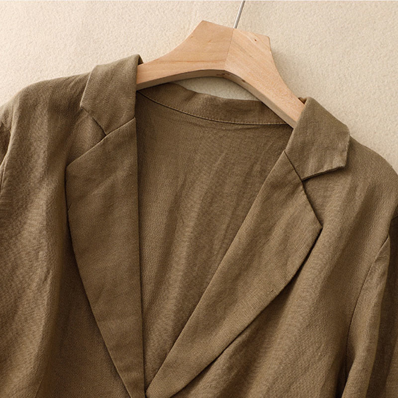 Kurtka damska Buddha Stones Commute Retro Pure Color z klapami z bawełny i lnu z kieszeniami - image 2