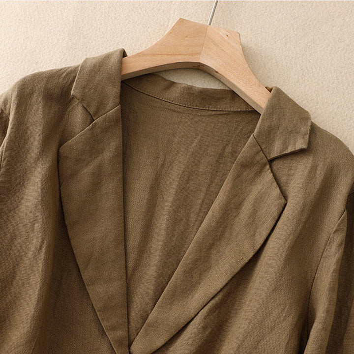 Kurtka damska Buddha Stones Commute Retro Pure Color z klapami z bawełny i lnu z kieszeniami - image 2