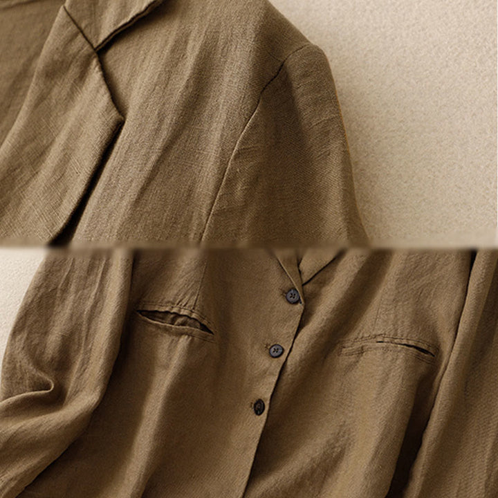 Kurtka damska Buddha Stones Commute Retro Pure Color z klapami z bawełny i lnu z kieszeniami - image 3