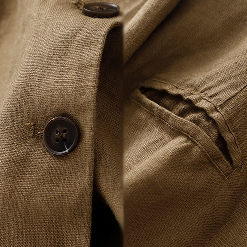 Kurtka damska Buddha Stones Commute Retro Pure Color z klapami z bawełny i lnu z kieszeniami - image 4