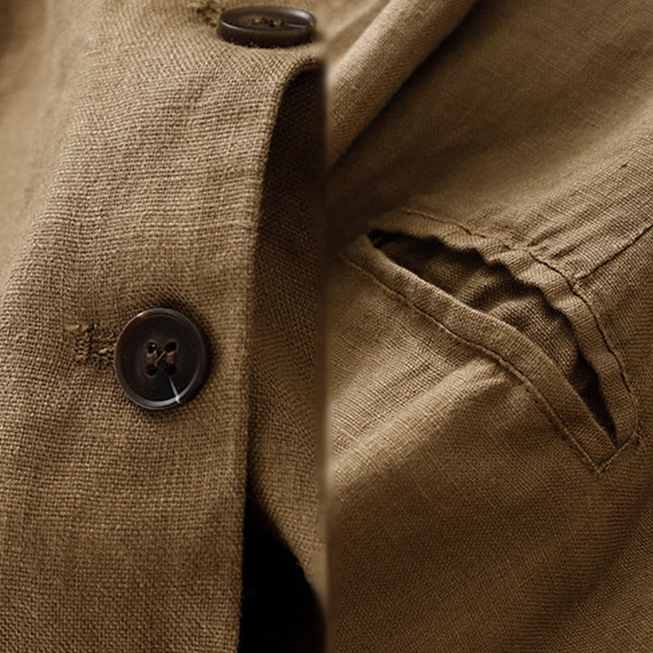 Kurtka damska Buddha Stones Commute Retro Pure Color z klapami z bawełny i lnu z kieszeniami - image 4